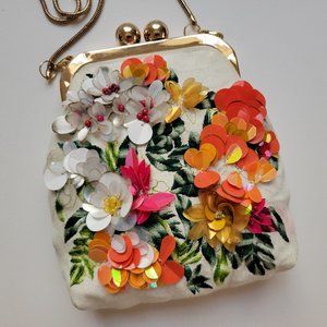 Zara off white small purse embroidered, beaded and sequined with gold chain